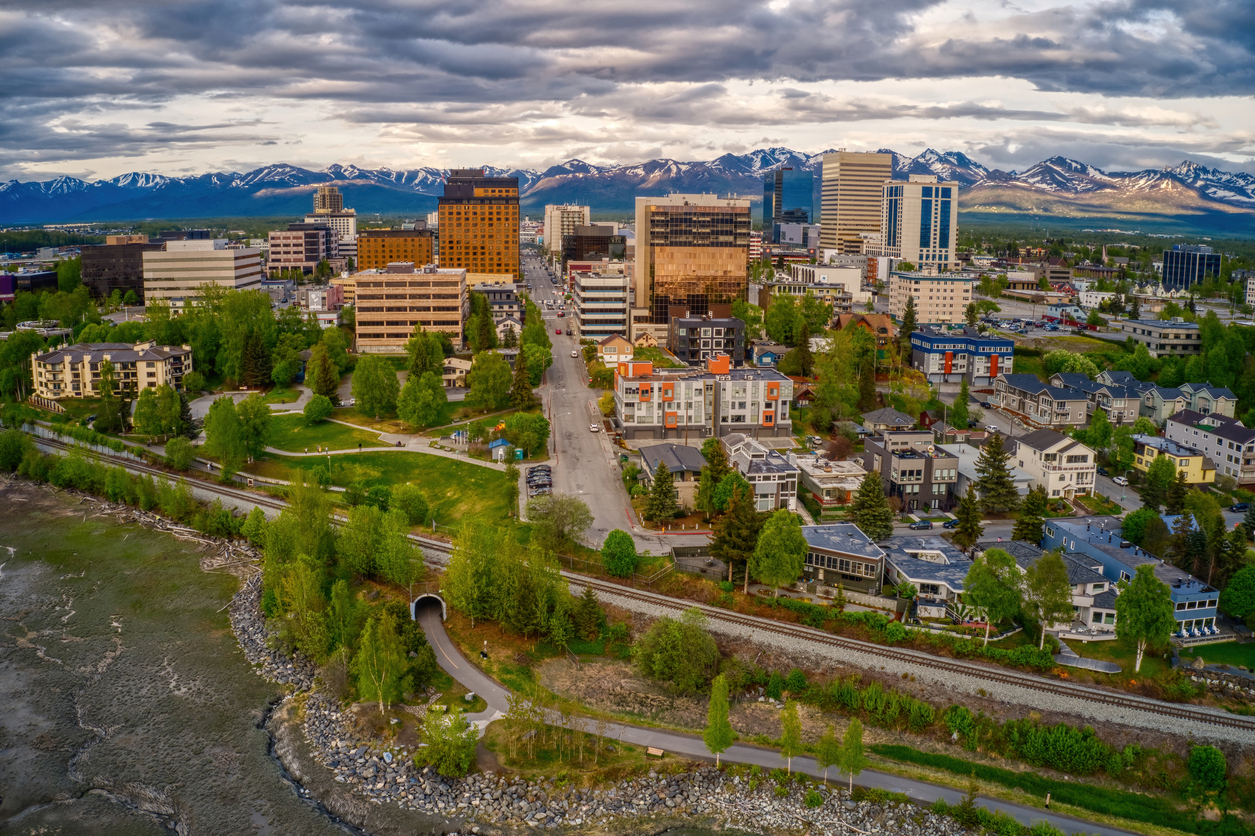 arial view of Anchorage, Alaska in the summer